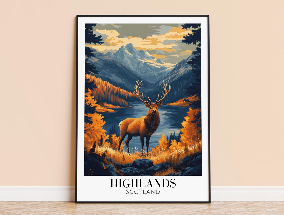 Scottish Highlands Red Deer Autumn Mountain Lake Travel Poster