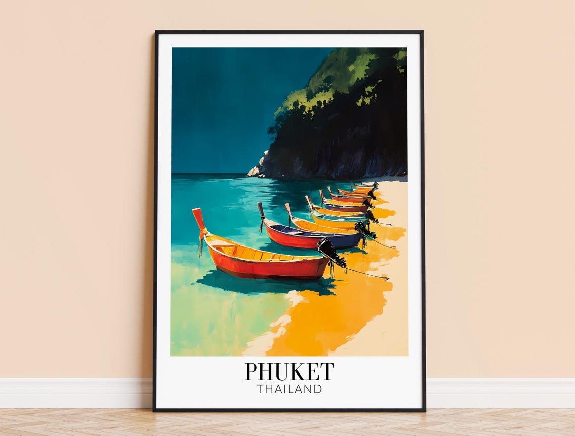 Phuket Thailand Longtail Boats Turquoise Beach Vibrant Travel Poster