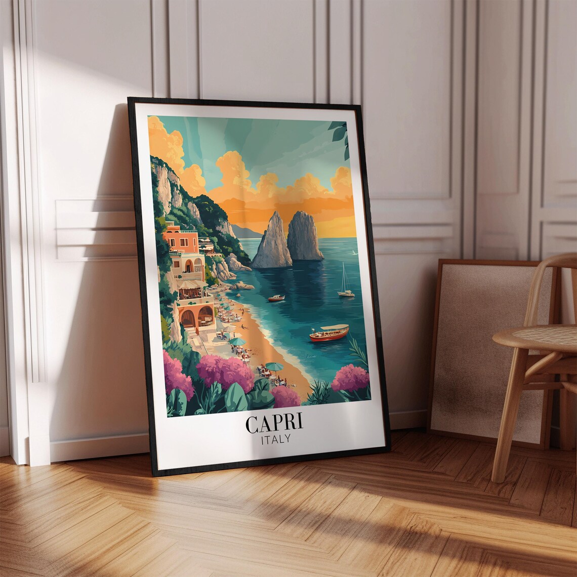 Capri Italy Faraglioni Sunset Beach Pink Blossom Travel Poster - Image 4