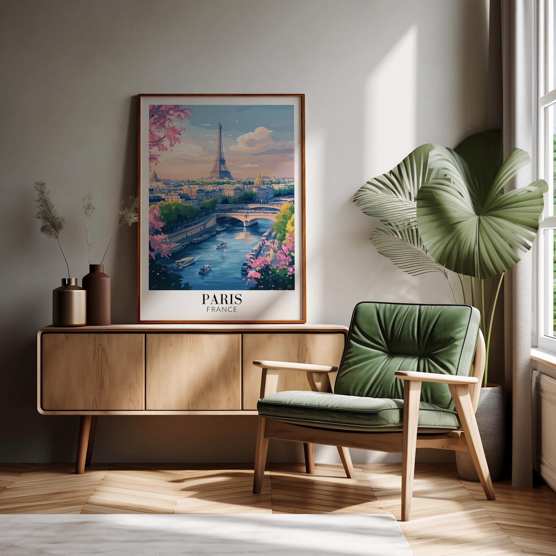 Paris Eiffel Tower Seine Pink Blossom Boats Spring Travel Poster - Image 2