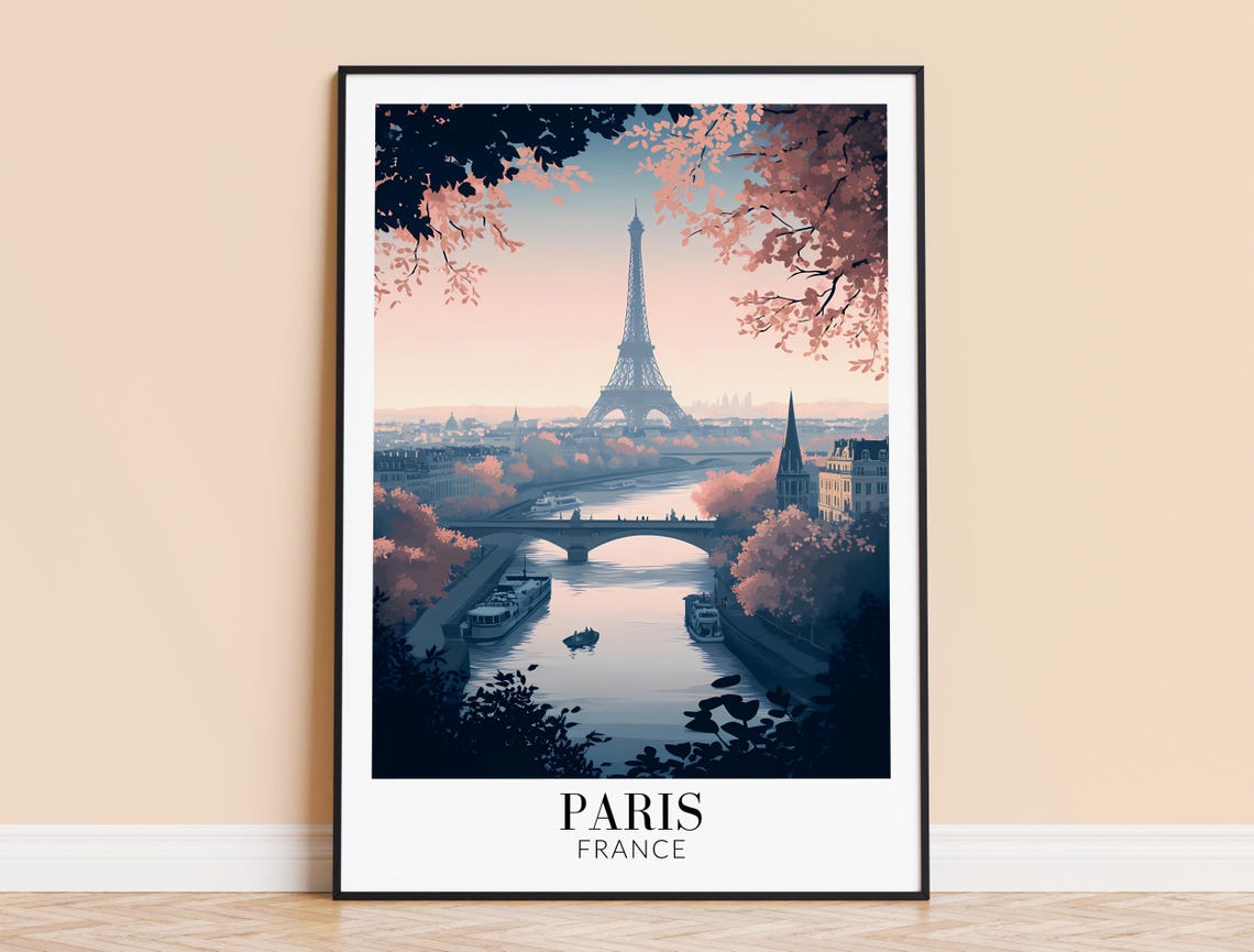 Paris Eiffel Tower Seine Twilight Pink Sky Bridges Travel Poster