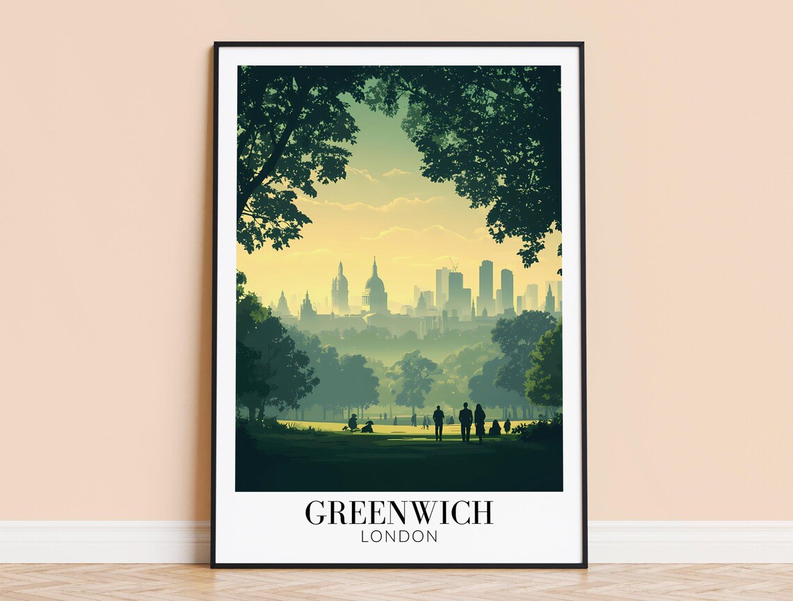Greenwich London Skyline Sunset Park Golden Hour Travel Poster