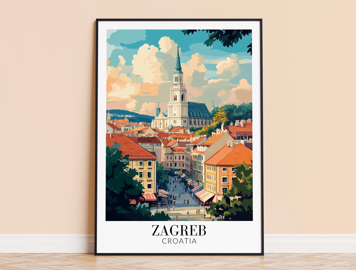 Zagreb Croatia Old Town Cathedral Spire Street View Travel Poster