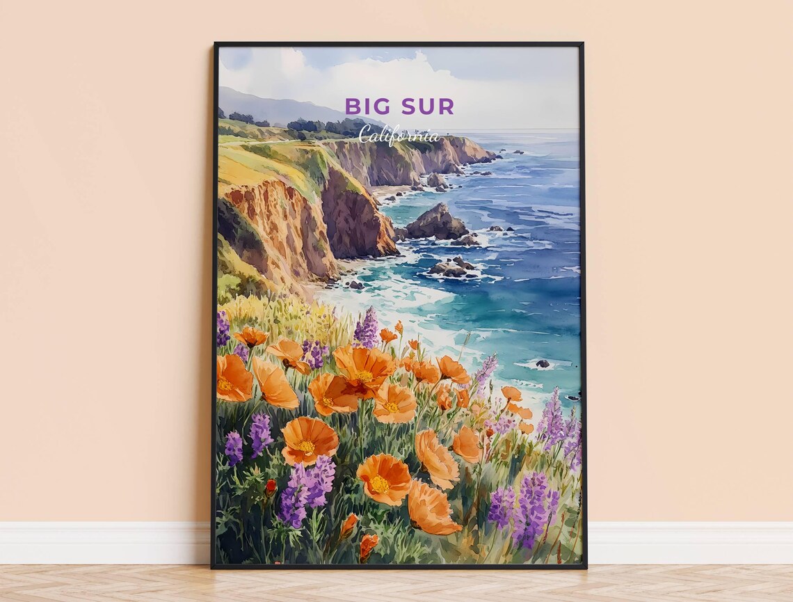 Big Sur California Coastal Cliffs Orange Poppies Turquoise Ocean Travel Poster