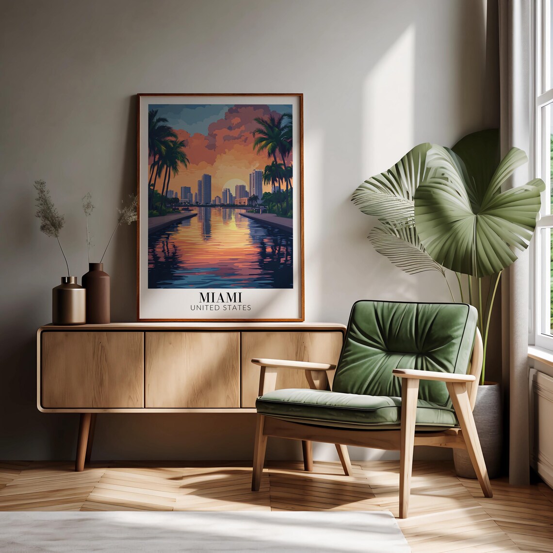 Miami Sunset Skyline Palm Trees Waterfront Vintage Travel Poster - Image 3