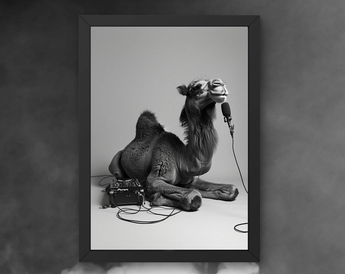 Camel DJ Singing Into a Microphone at the Turntable Funny Poster