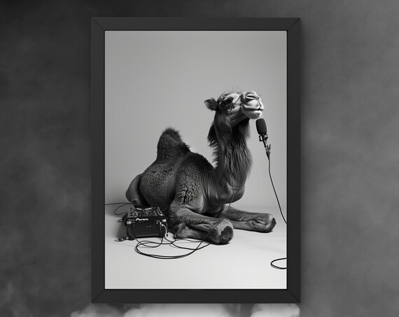 Camel DJ Singing Into a Microphone at the Turntable Funny Poster
