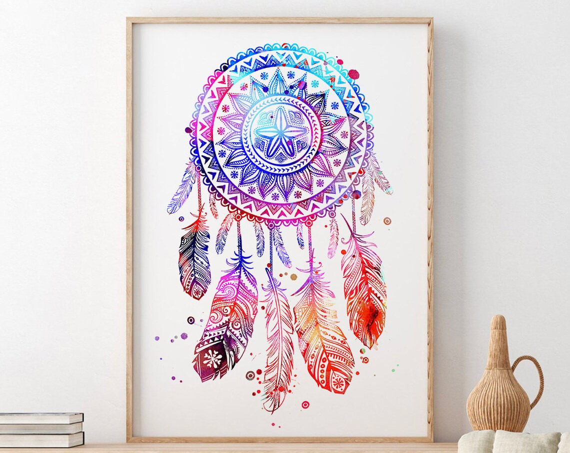 Watercolor Dreamcatcher Mandala Feather Bohemian Colorful Art Poster