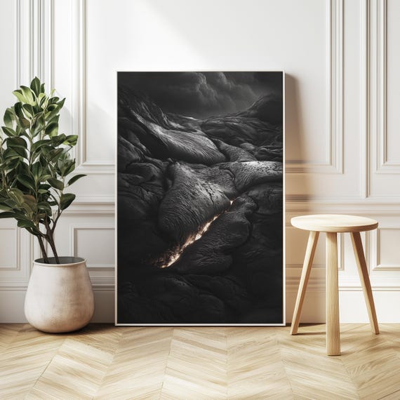 Black White Hawaiian Lava Flow Painting Photorealistic Hawaii Night Scene Minimalist Volcanic Wall Art Glowing Lava Hawaii Nightscape
