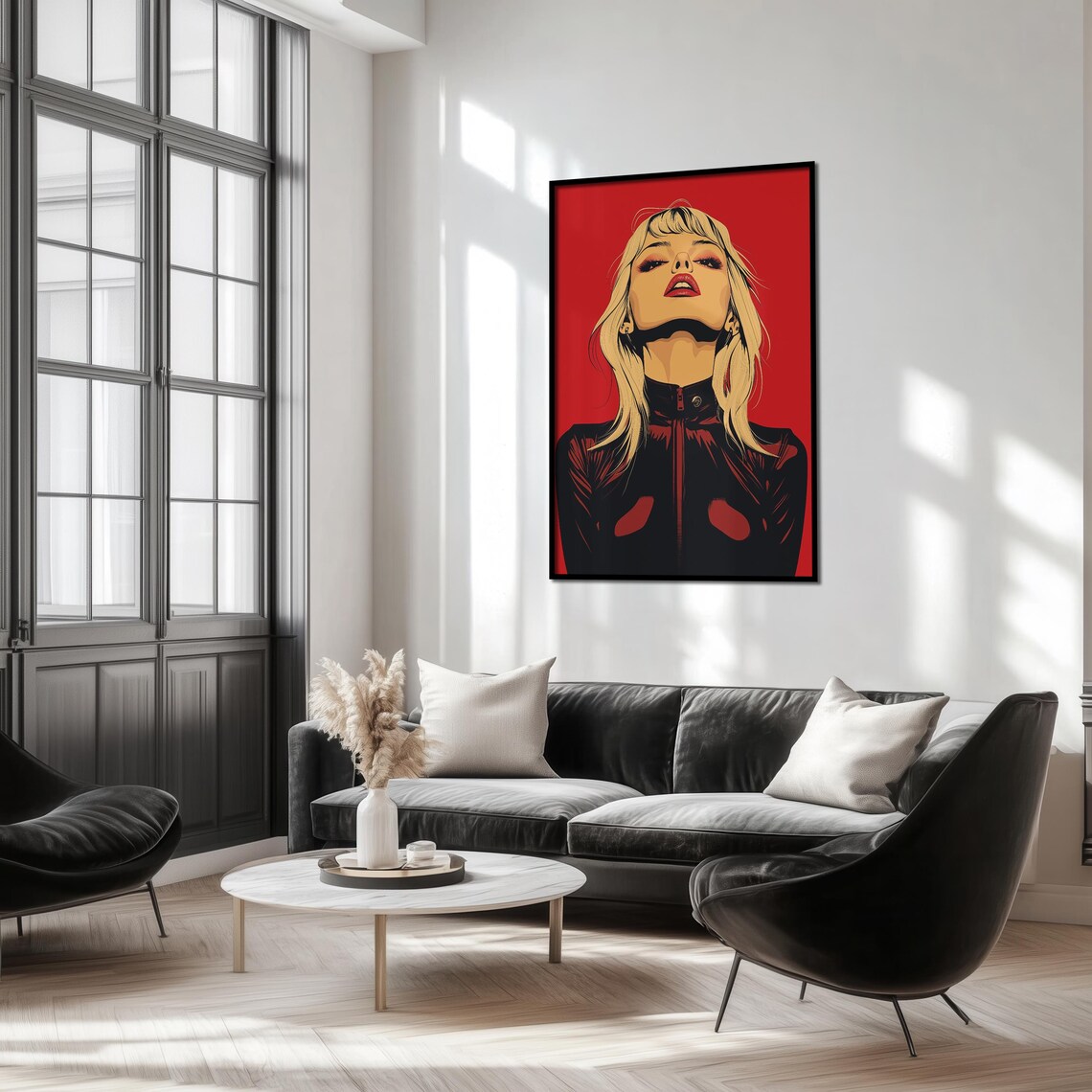 Pop Art Blonde Woman In Black Leather Bold Red Retro Portrait Poster - Image 3