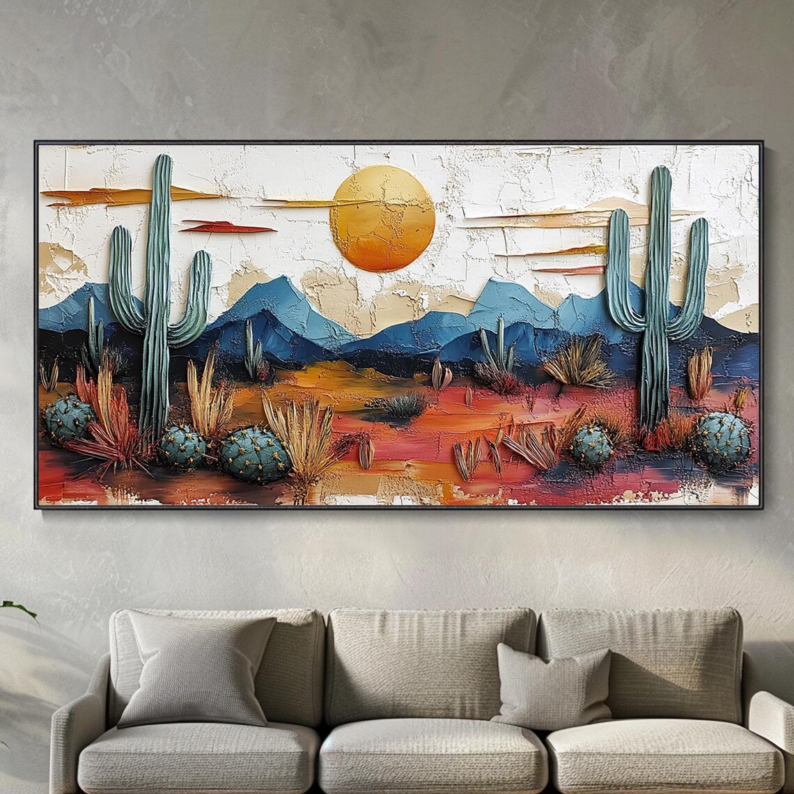 Cactus in Desert Impasto Painting, Minimalist Art