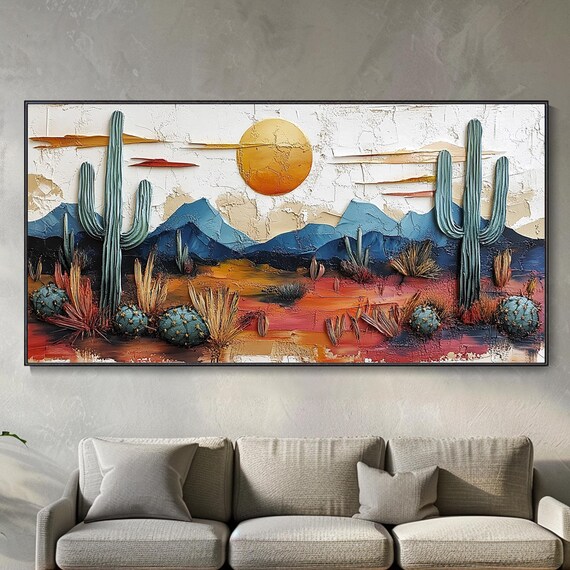 Cactus in Desert Impasto Painting, Minimalist Art