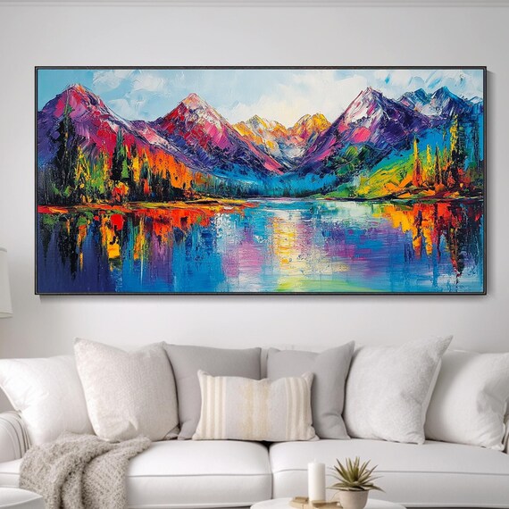 Vibrant Mountain Landscape Oil Painting Textured Knife Art Abstract Nature Decor Large 3d Texture Wall Art Home Mural Designer