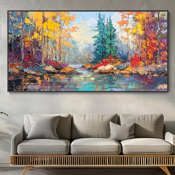 Impressionist River Landscape Living Room Decor Forest Painting Original Color Art Knife Textured 3d Oil Forest Scenery Hand Nature Wall Art
