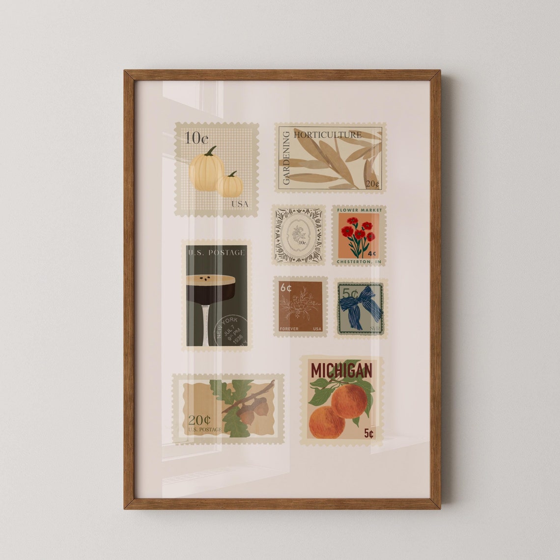 Vintage Postage Stamp Collage Fall Botanical Framed Decor Poster