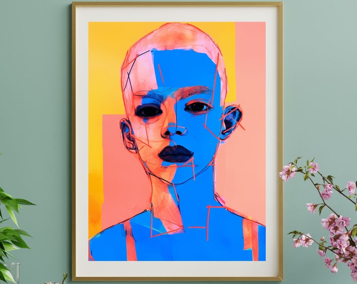 Neon Blue Pink Man Portrait Abstract Pop Art Colorful Face Art Print