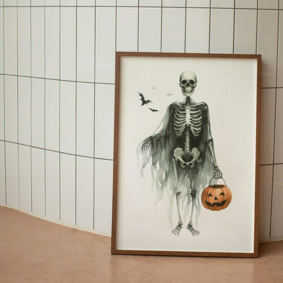 Skeleton Ghost Cape Pumpkin Bucket Bats Halloween Poster Spooky Art