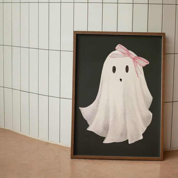 Cute Ghost Pink Bow Dark Background Halloween Poster Sweet Spooky Art