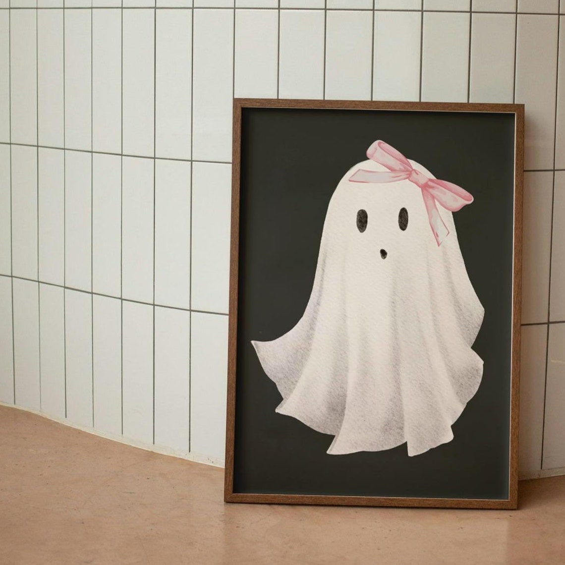Cute Ghost Pink Bow Dark Background Halloween Poster Sweet Spooky Art