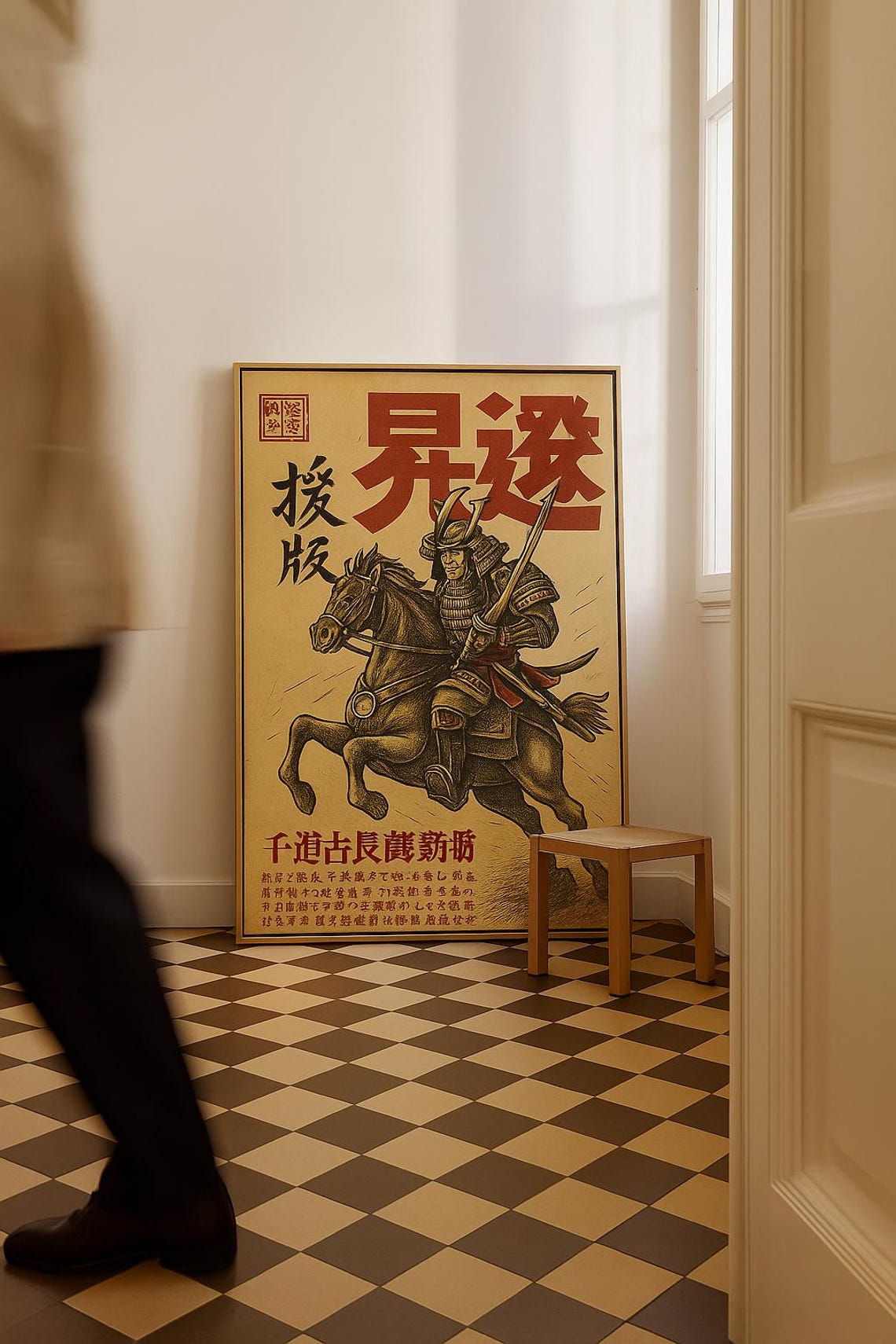 Vintage Japanese Samurai Warrior Riding Horseback Kanji Art Poster