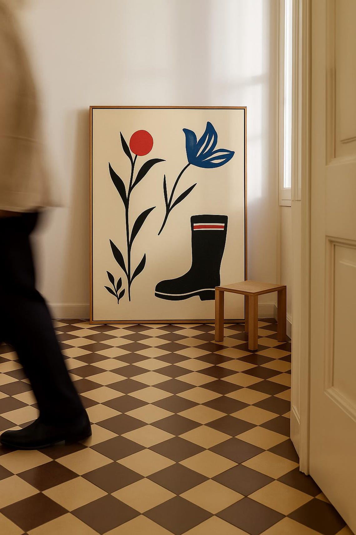 Modern Floral Illustration Print Playful Red Blue Botanical Art Minimalist Boot Artwork