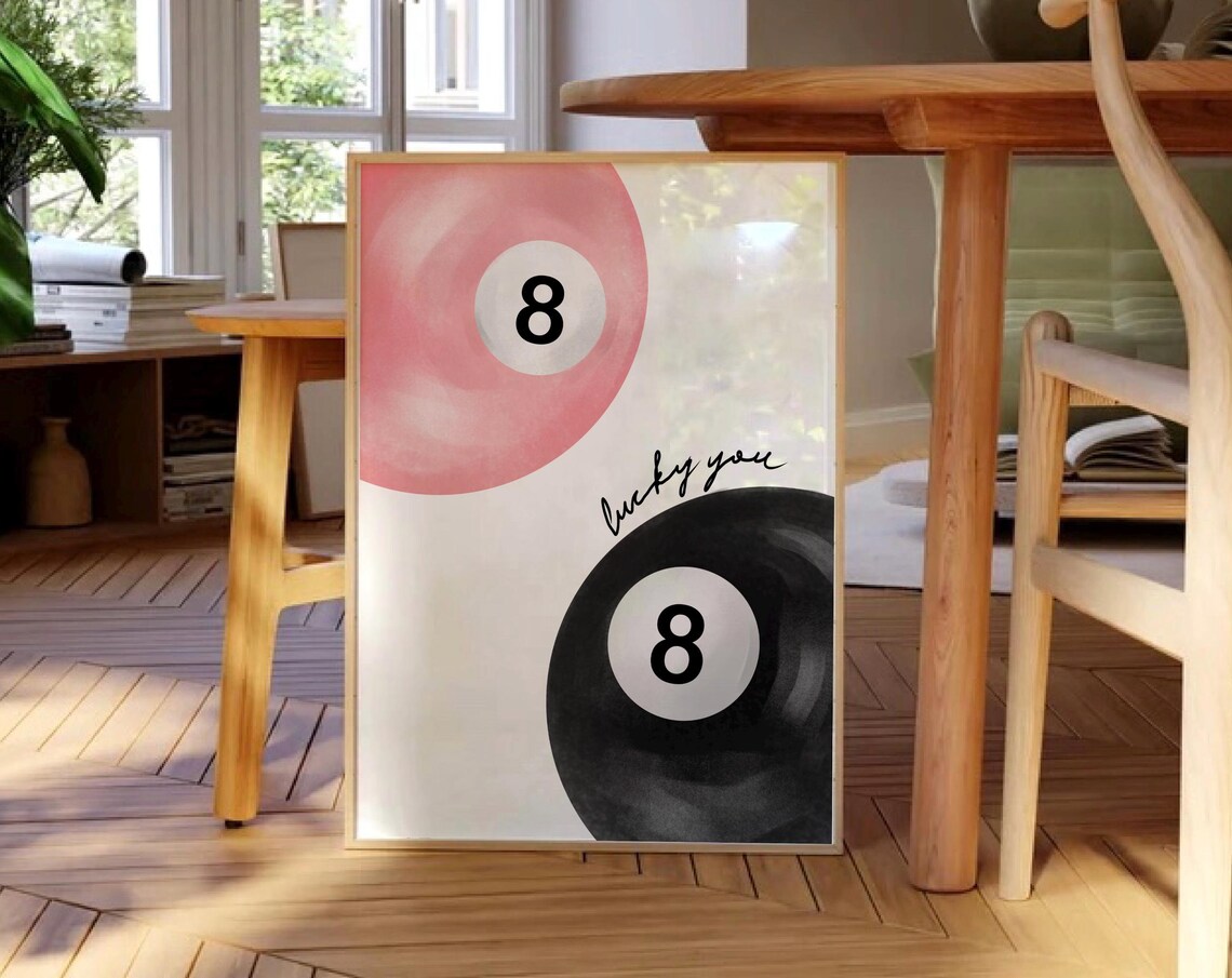 Lucky You Pink Black 8 Ball Watercolor Retro Billiard Poster - Image 2