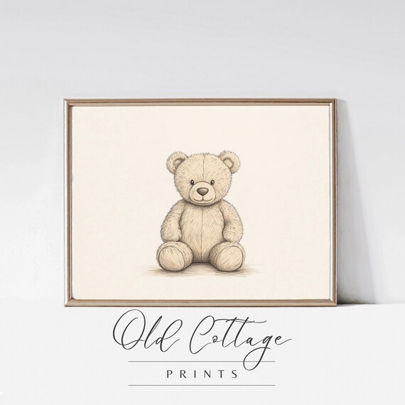 Hand Drawn Teddy Bear Soft Neutral Nursery Sketch Illustration Poster