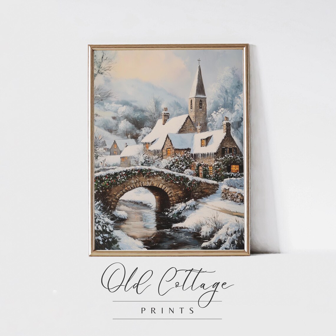 Snowy Village Art Print Stone Church And Bridge Winter Landscape Cozy Vintage Scene Christmas Wall Decor Church Town Art