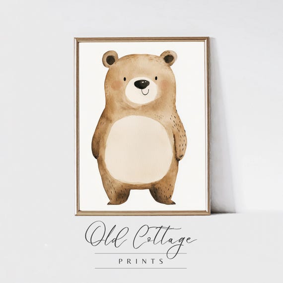 Cute Bear Watercolor Print Vintage Inspired Bear Illustration Nursery Wall Art Cute Brown Bear With Rosy Cheeks Animal Art Woodland