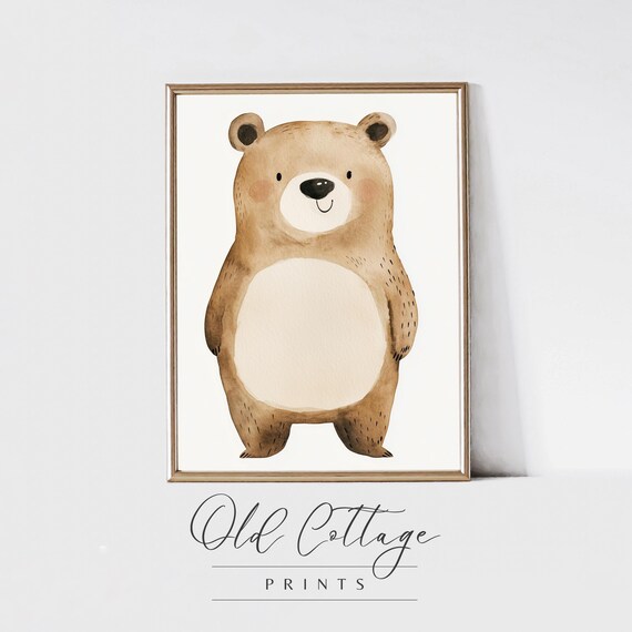 Cute Brown Bear Watercolor Painting For Baby Nursery Room Poster