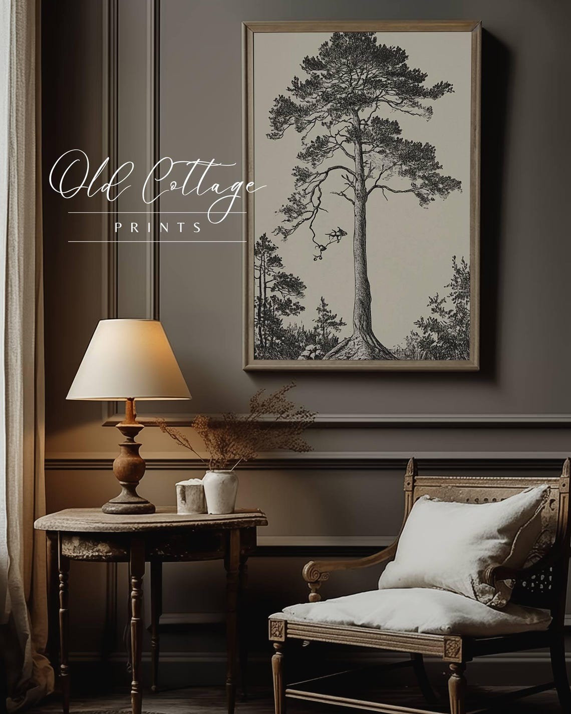 Black And White Pine Tree Illustration Detailed Tall Tree Art Rustic Nature Decor Minimalist Black And White Sketch Art - Image 2