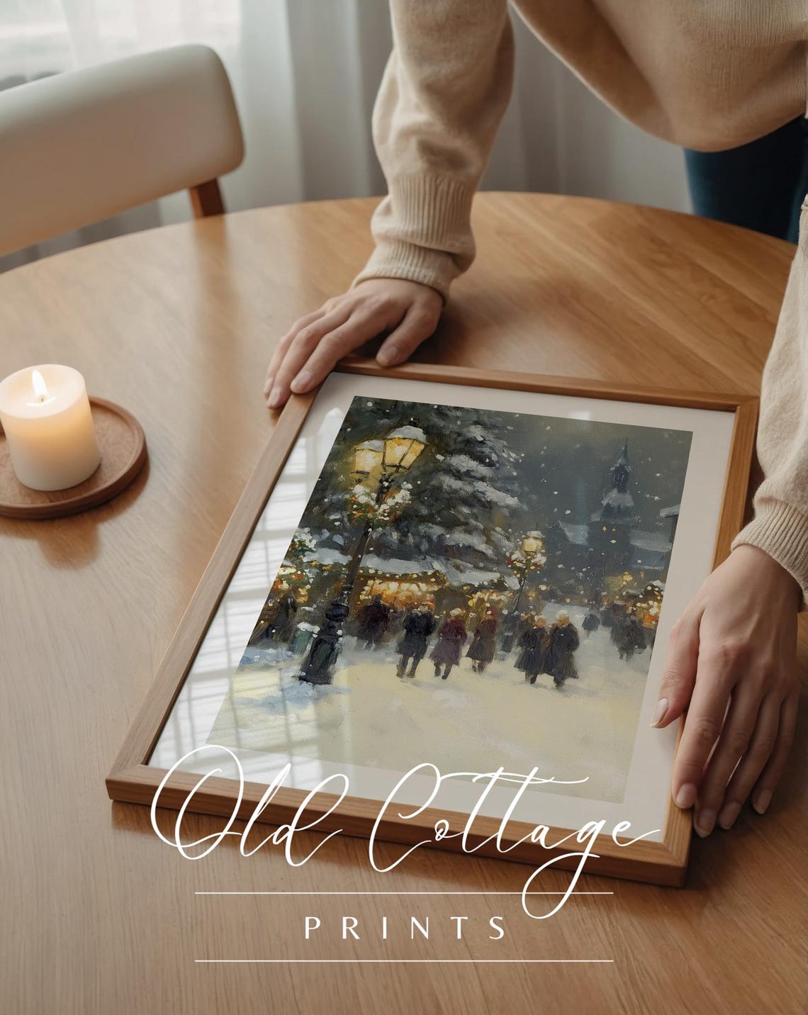 Snowy Village Market Festive Street Lamps And Stalls Midnight Holiday Scene Print Cozy Seasonal Decor - Image 3