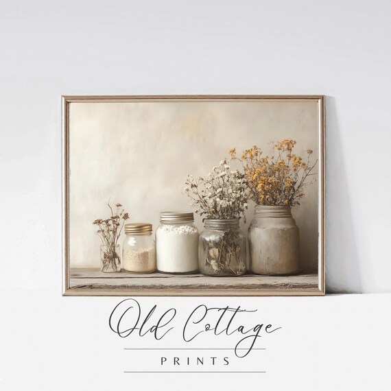 Glass Jars with Dried Flowers Rustic Wooden Shelf Cottage Poster