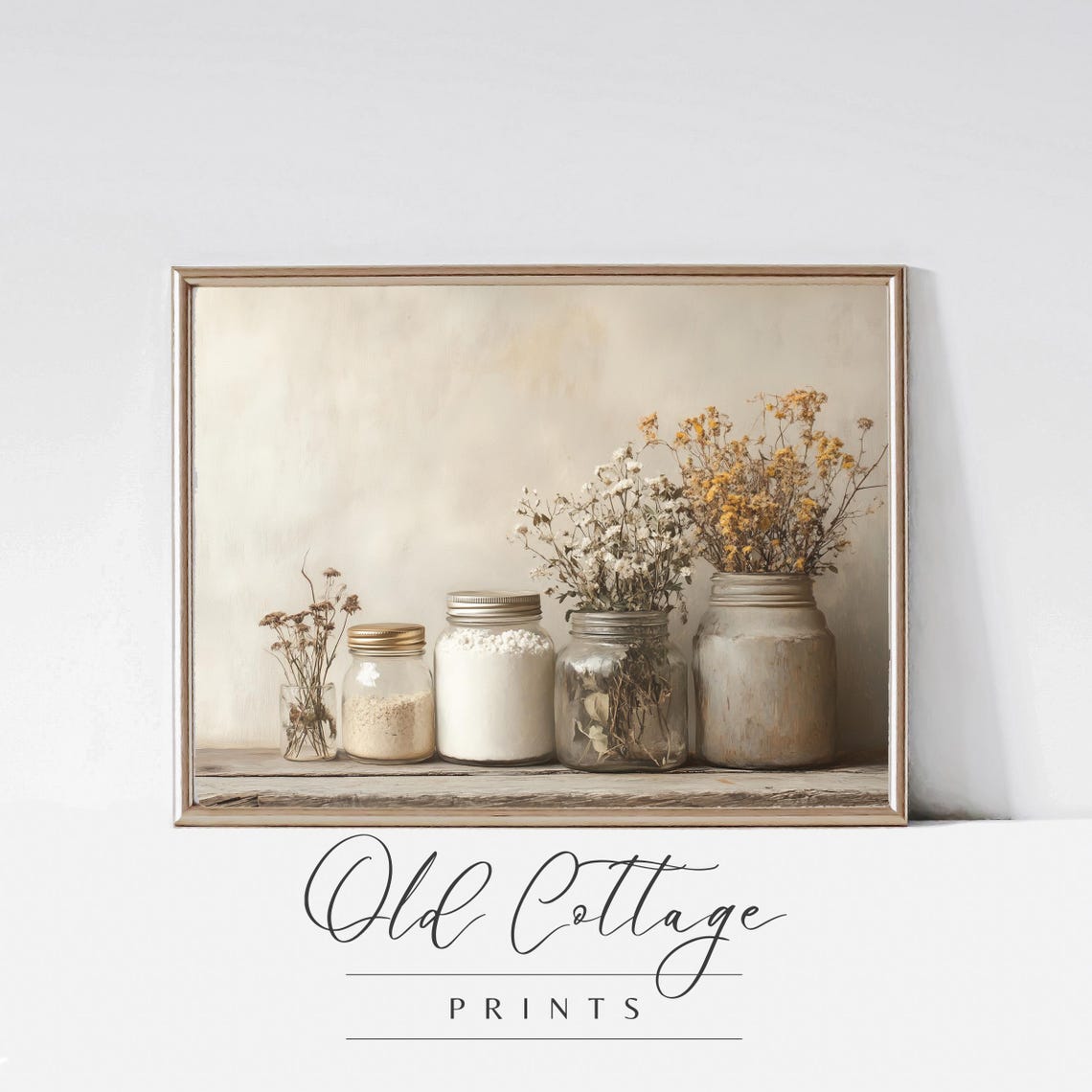 Glass Jars with Dried Flowers Rustic Wooden Shelf Cottage Poster
