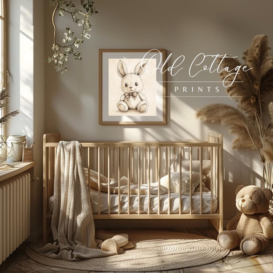Cute Sketched Bunny with Bow Soft Beige Neutral Nursery Poster - Image 4