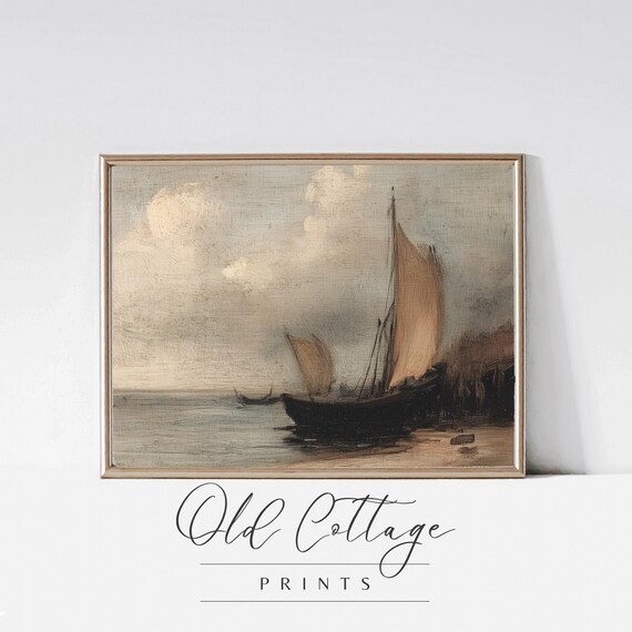 Vintage Sailboat with Tan Sails Coastal Seascape Painting Art Print