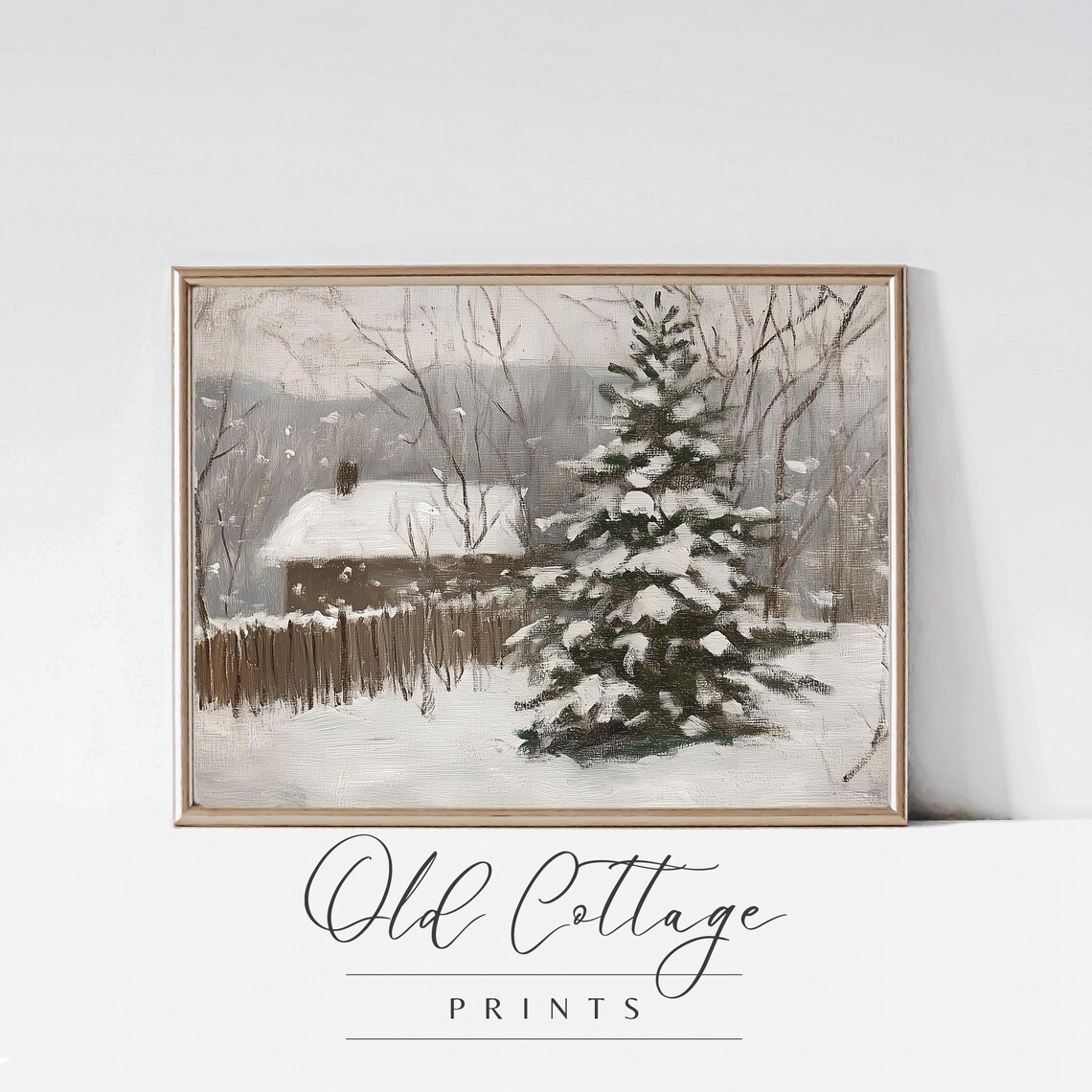 Snowy Winter Cabin Pine Tree Falling Snow Vintage Style Landscape Poster
