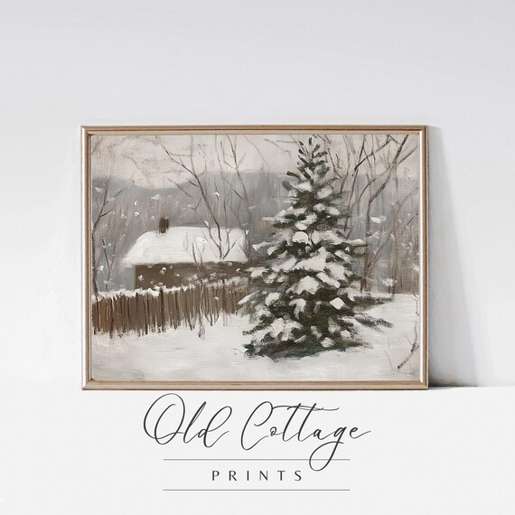 Snowy Winter Cabin Pine Tree Falling Snow Vintage Style Landscape Poster