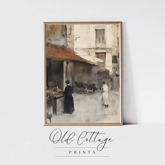 Vintage Street Scene Art Print Historical Alleyway With Market Stall Old Town Nostalgic Wall Art Old Cottage Prints