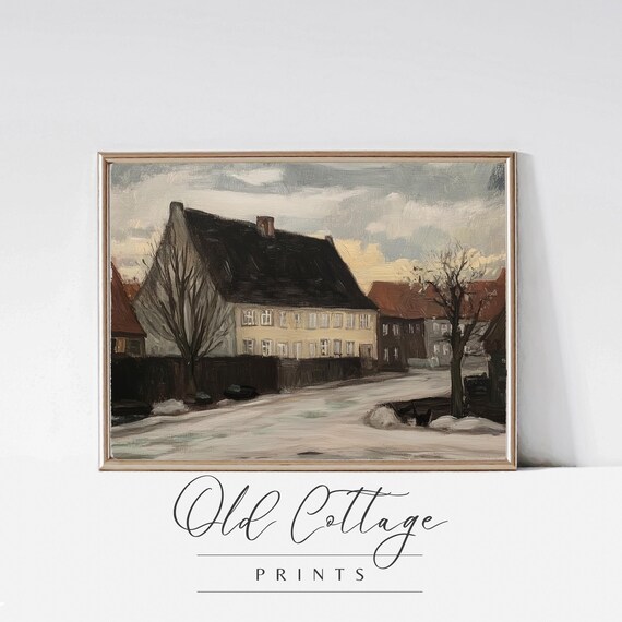 Snowy Village Street at Dusk Vintage Winter Landscape Art Print