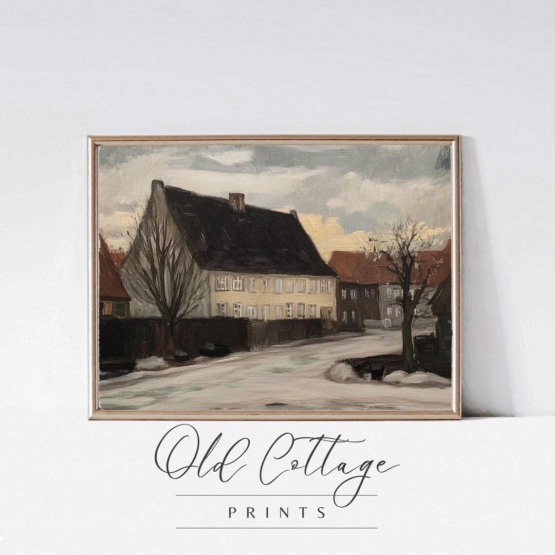 Snowy Village Street at Dusk Vintage Winter Landscape Art Print