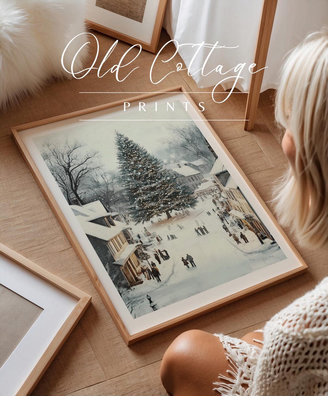 Snowy Village Square With Giant Lit Christmas Tree Winter Poster - Image 3