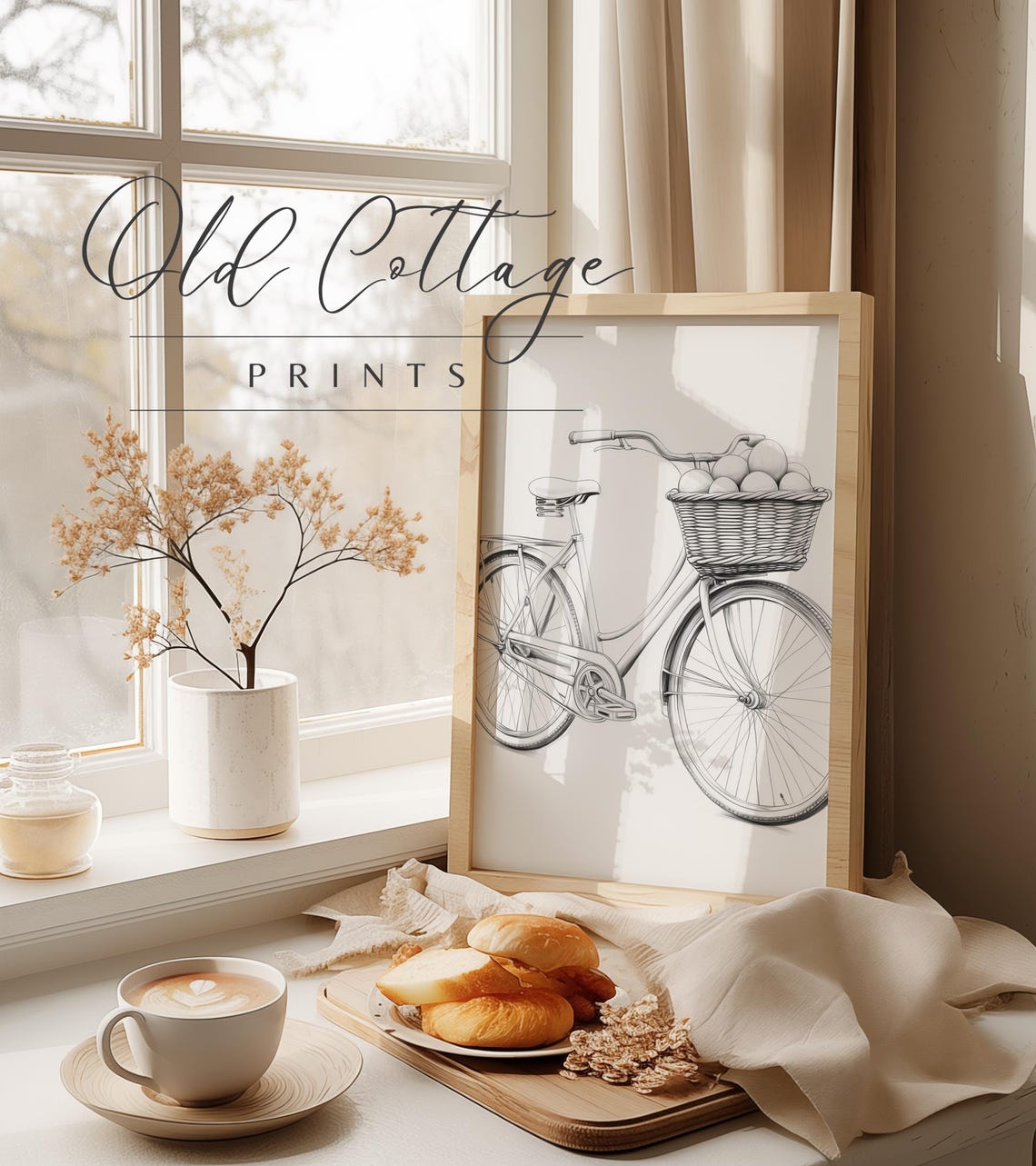 Vintage Bicycle Sketch with Wicker Basket Black and White Poster - Image 2