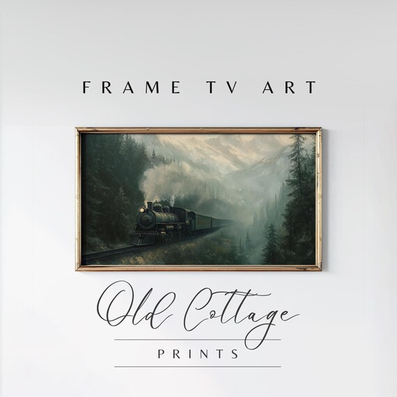 Steam Locomotive Misty Mountain Forest Vintage Train Painting Landscape Poster