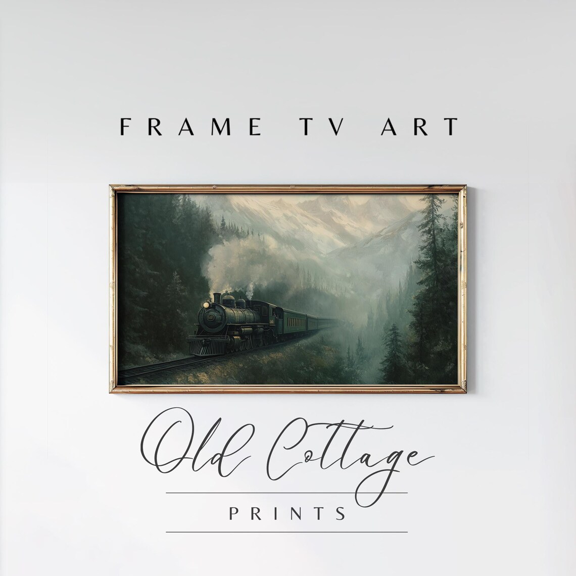 Steam Locomotive Misty Mountain Forest Vintage Train Painting Landscape Poster