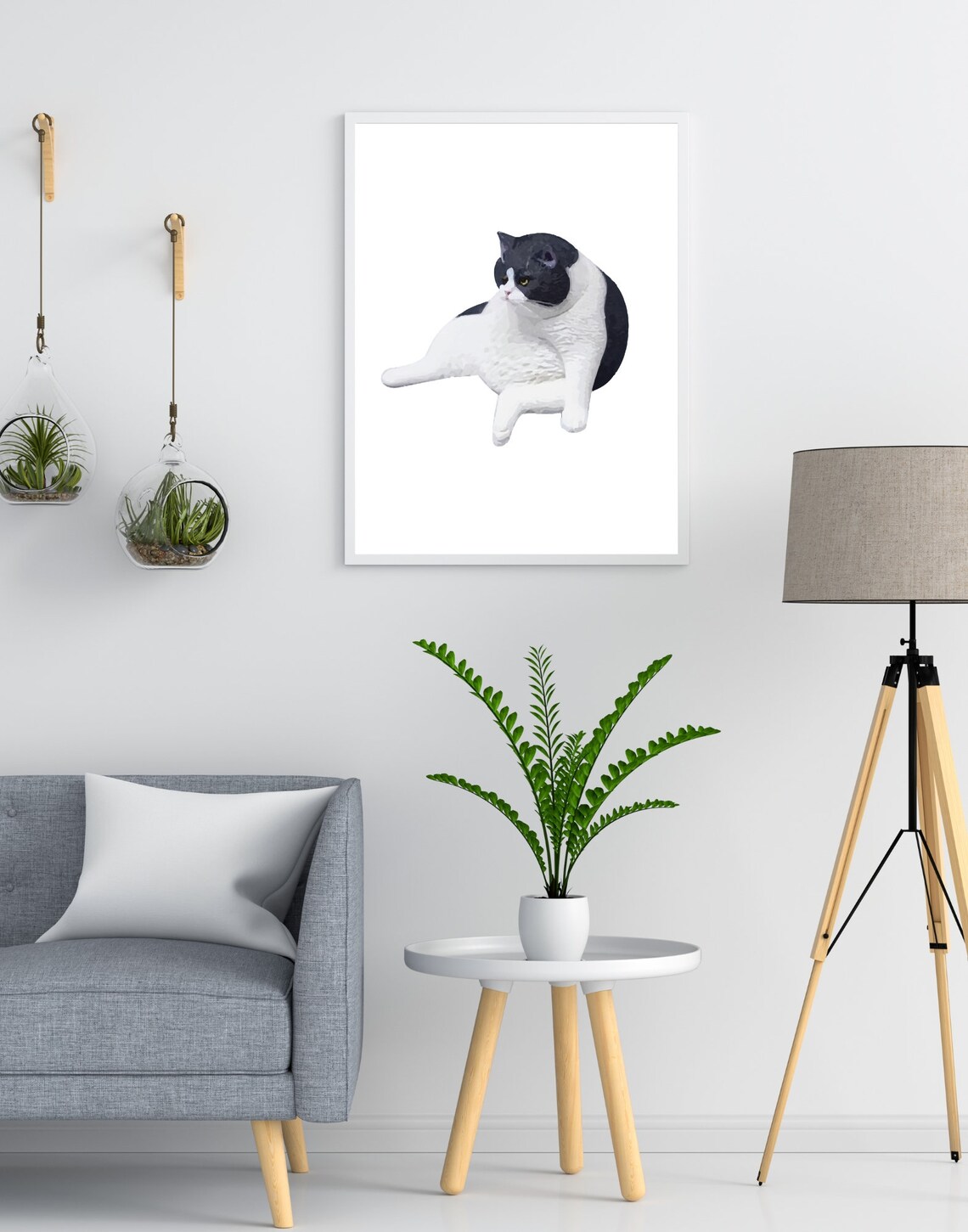 Chubby Black and White Cat Funny Digital Animal Illustration Poster - Image 2