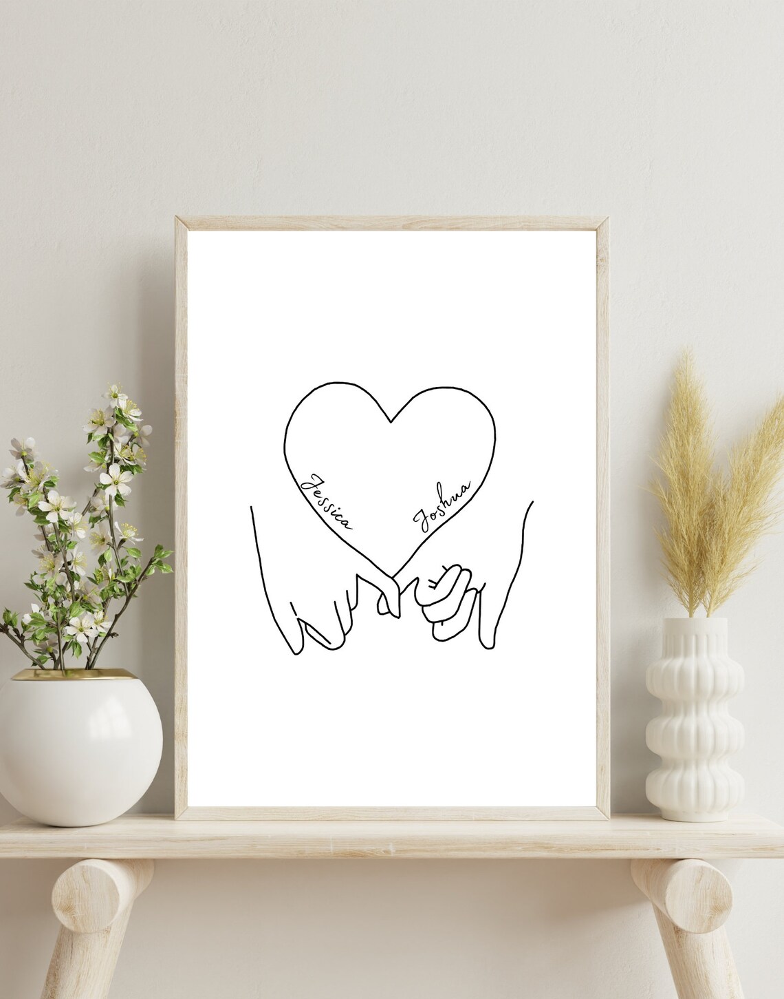 Pinky Promise Hands Heart Jessica Joshua Couples Line Art Poster - Image 3