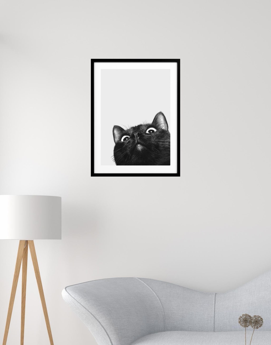 Curious Black Cat Peeking Up Wide Eyes Black White Photo Poster - Image 4
