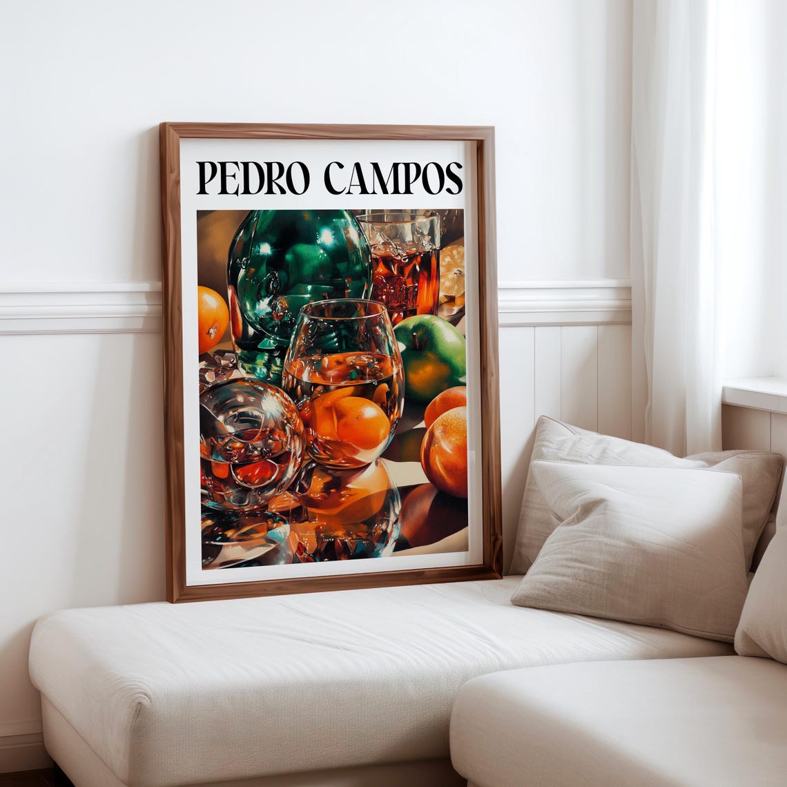 Pedro Campos Inspired Green Glass Bottles Orange Still Life Print