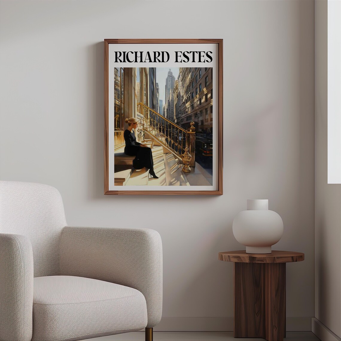 Woman On Golden Steps City Street Photorealism Urban Lifestyle Poster - Image 2